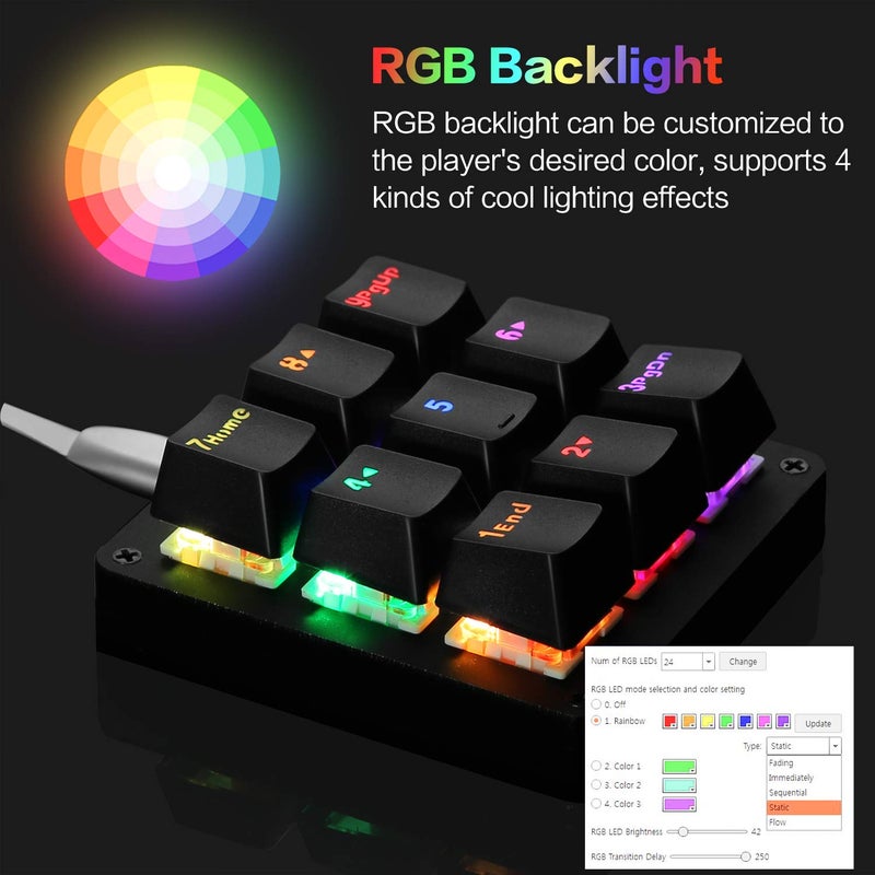 Koolertron One Handed Macro Mechanical Keyboard, RGB LED Backlit Portable Mini One-Handed Mechanical Gaming Keypad OSU! Keyboard 9 Fully Programmable Keys Blue Switches - Image 4